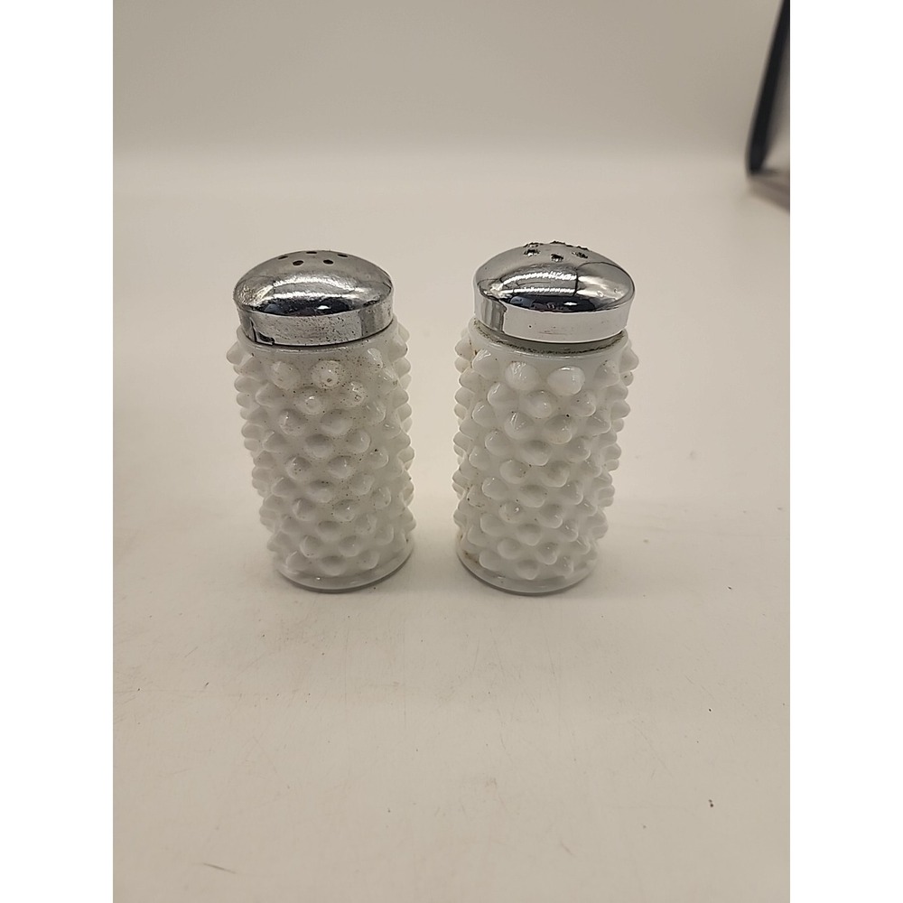 VTG MCM Fenton Hobnail White Milk Glass Salt & Pepper Shakers Metal Lids